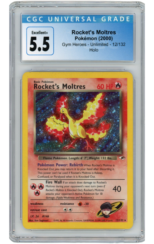 Rocket's Moltress Pokémon (2000) Gym Heroes - Unlimited - 12/132 Holo CGC Excellent+ 5.5