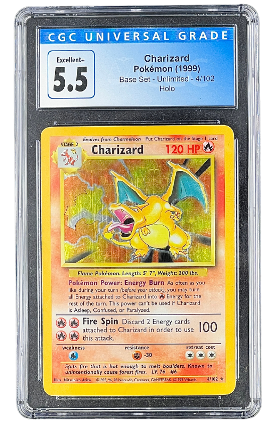 Charizard Pokémon Base Set - Unlimited 4/102 Holo CGC Excellent+ 5.5