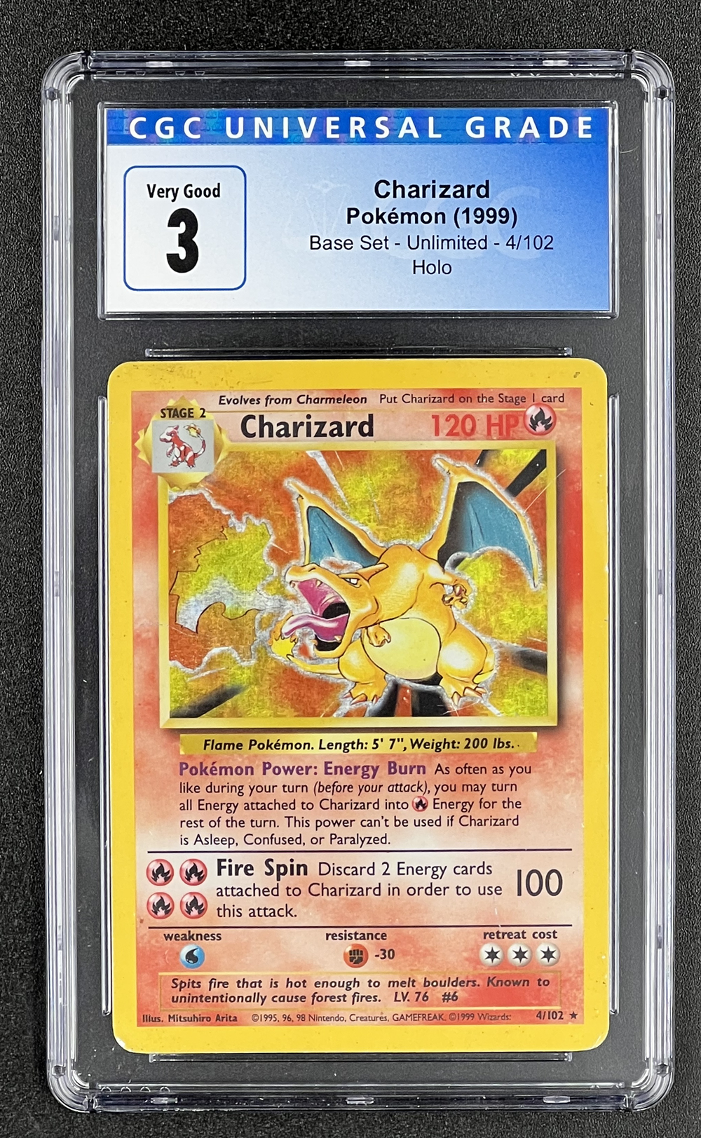 Charizard Pokémon (1999) Base Set - Unlimited - 4/102 Holo Very Good CGC 3