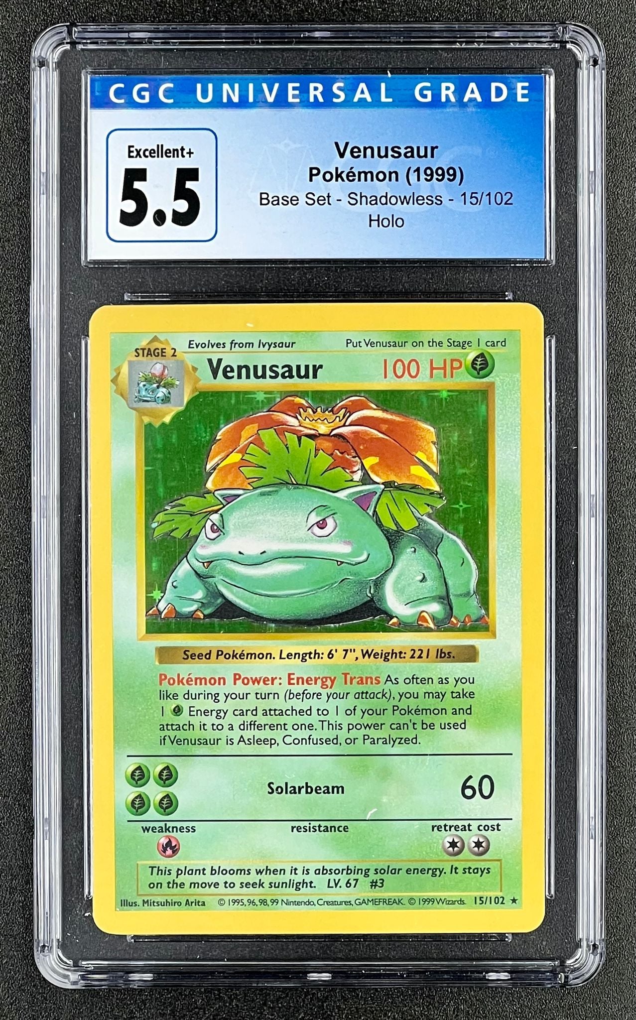 Venusaur Pokémon (1999) Base Set - Shadowless - 15/102 Holo CGC Excellent+ 5.5